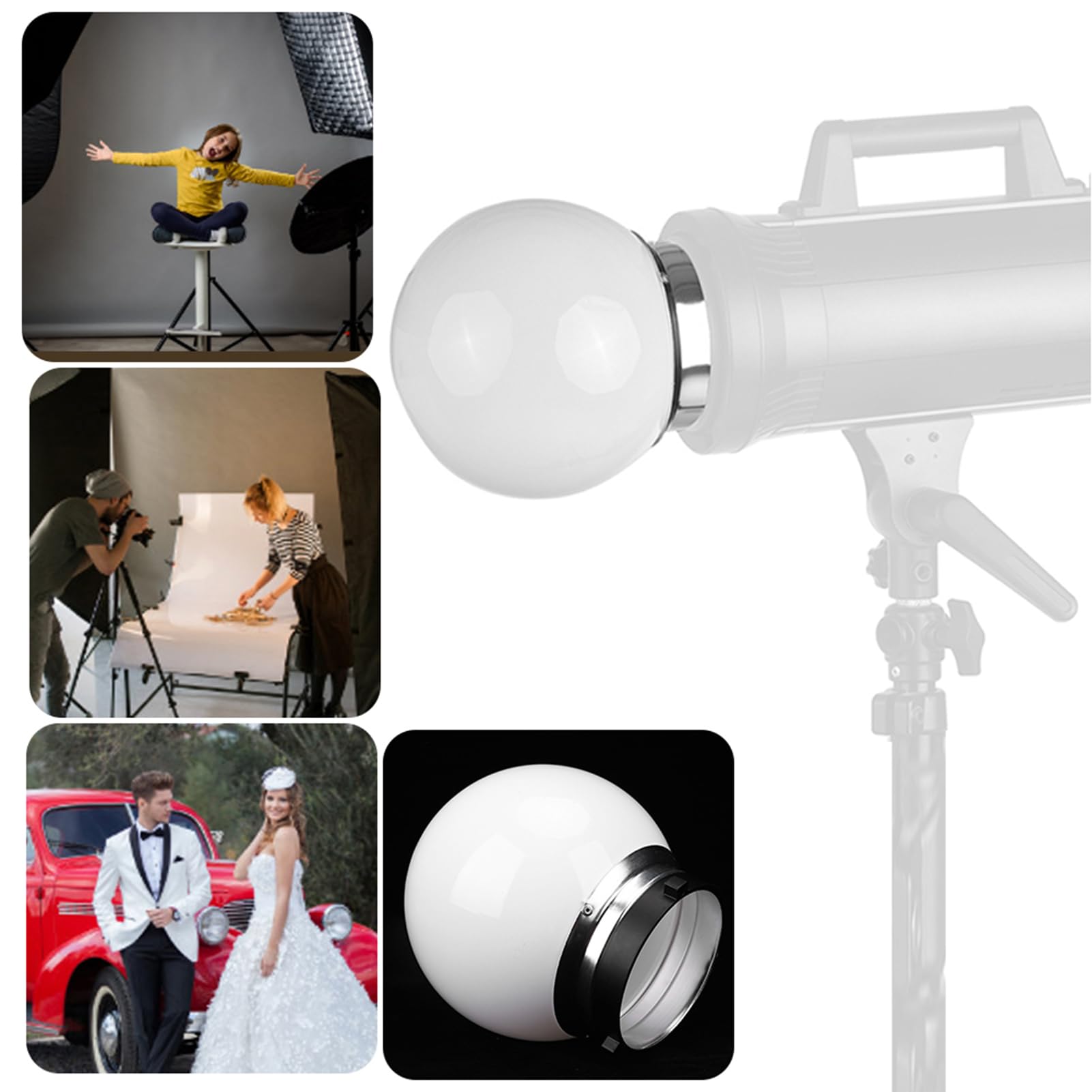 Sfera di Luce Morbida per Accessorio Fotografico, Diffusore Sferico Traslucido da 15 Cm Sfera di Luce Morbida per Accessorio Fotografico con Supporto Bowens