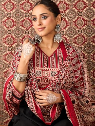 Image of INDO ERA Women's Straight Pure Cotton Floral Self Design Kurta & Pant With Dupatta Set | Kurta Sets For Woman