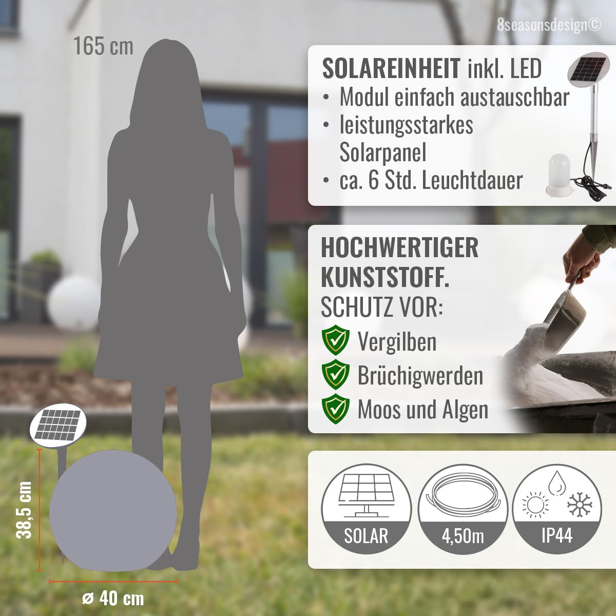 8 seasons Lampada a sfera solare di design, 40 cm, luce bianca calda, sensore crepuscolare, resistente alle intemperie, lampada solare per esterni (giardino, terrazza, balcone), robusta e durevole