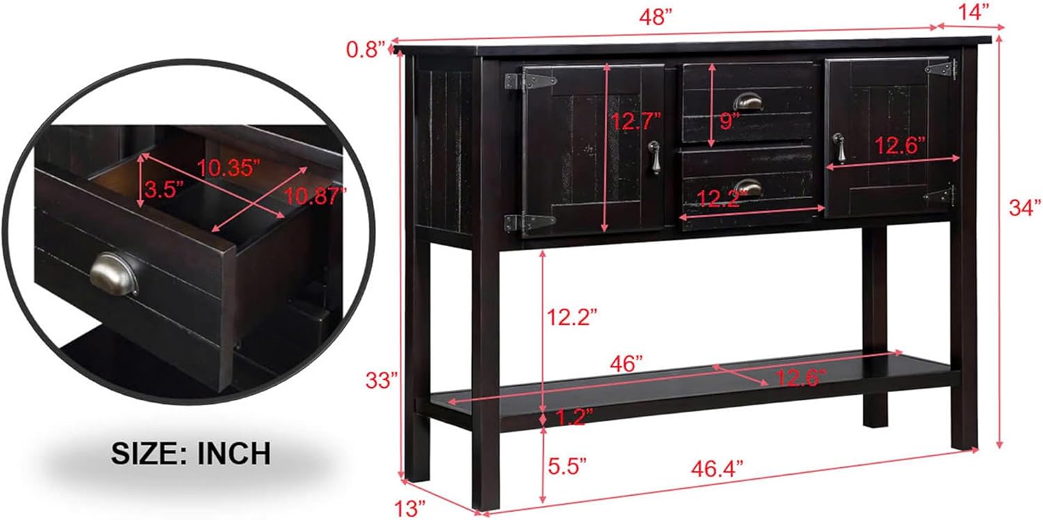 P PURLOVE Buffet Table Sofa Table Console Table Sideboard with Storage Drawers Cabinets and Bottom Shelf (Espresso)