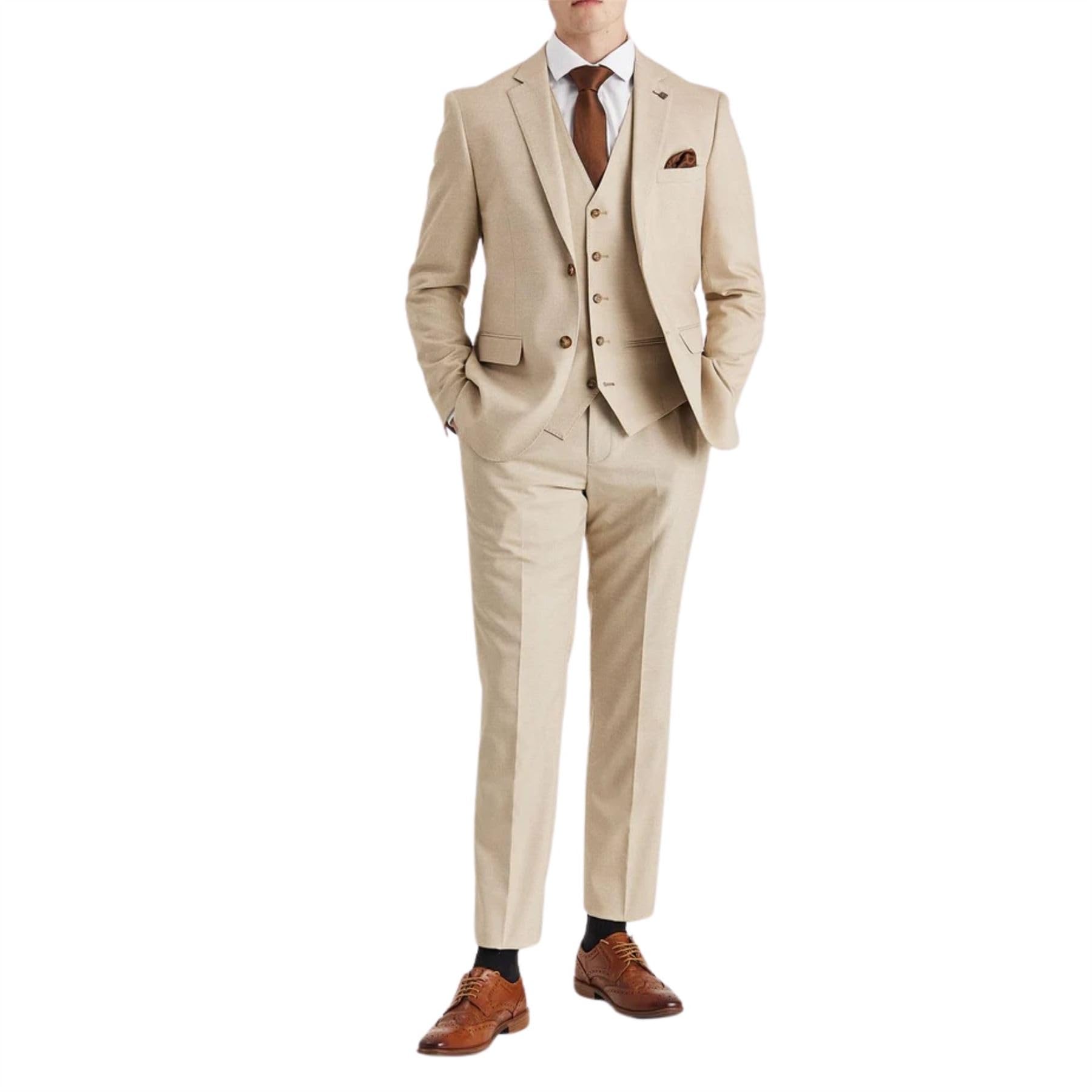 Traje de 3 piezas para hombre, color beige, clásico, con solapa, para boda, verano, baile de graduación