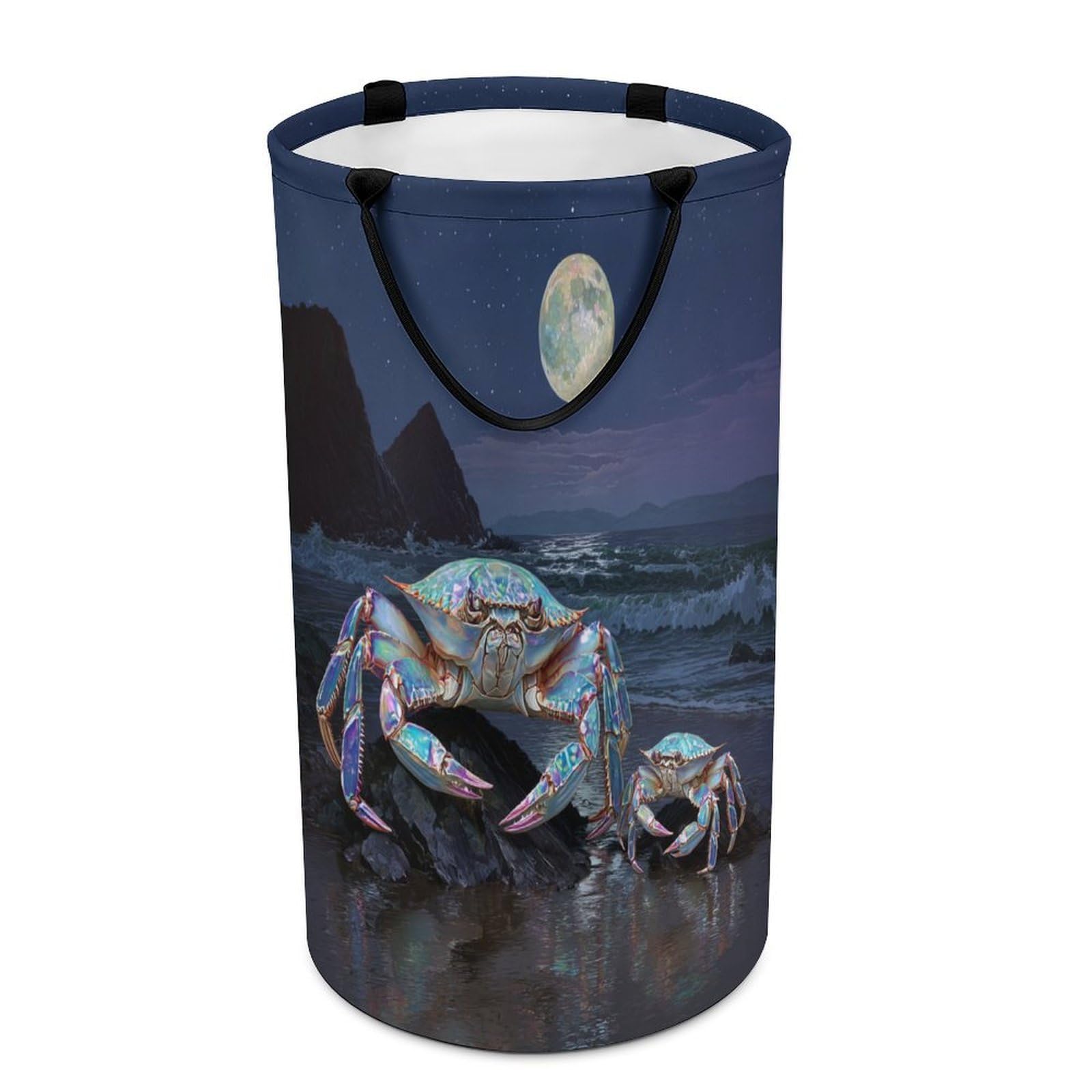 LUYYSKY Cute Fantasy Animal Crab Collapsible Dirty Clothes Basket, Classic Mid Century Full Moon Galaxy Seaside Beach Sea Life Crab Portable Clothes Storage Laundry Basket-40 CM Dia, 69 CM High