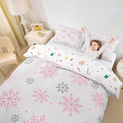 Vista 216 de Juego de funda de edredón rosa de Navidad para niñas, tamaño matrimonial, lindo juego de ropa de cama de dibujos animados de pingüino de Papá Noel