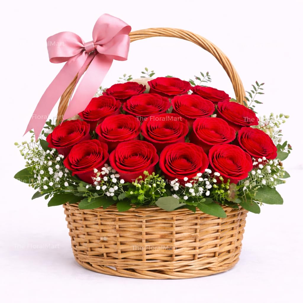 The FloralMart Handle Basket Arrangement of 20 Red Roses Fresh Flowers with Seasonal Fillers, for Birthday Gift, Anniversary Gift, Valentines Gift, (Same Day Delivery)-image-45