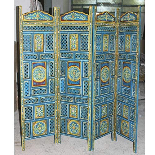 Buy Hand Carved Indian Partition Screen Room Divider Blue 78.7 Inches