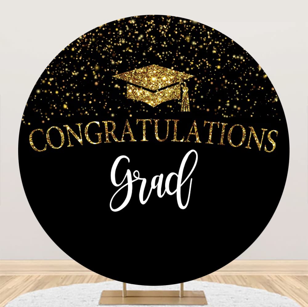 Leyiyi 6.5x6.5ft Congratulations Grad Round Backdrop Cover Polyester Gold Bachelor Cap Glitter Circle Backdrop Cover Black and Gold Grads Prom Party