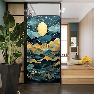 Starry Sky and Moon Stained Glass Window Film Geometric Mountains Abstract Scenery Privacy Window Film Non-Adhesive Glass Film Decorative Static Cling Film for Home Office 17.7Wx23.6L