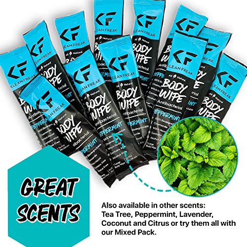 Image of The Klean Freak Body Wipes - 12 count Individually Wrapped | Showerless Body Wipe for Women & Men | Sustainable Bodywipes for Gym, Travel, Camping | Peppermint