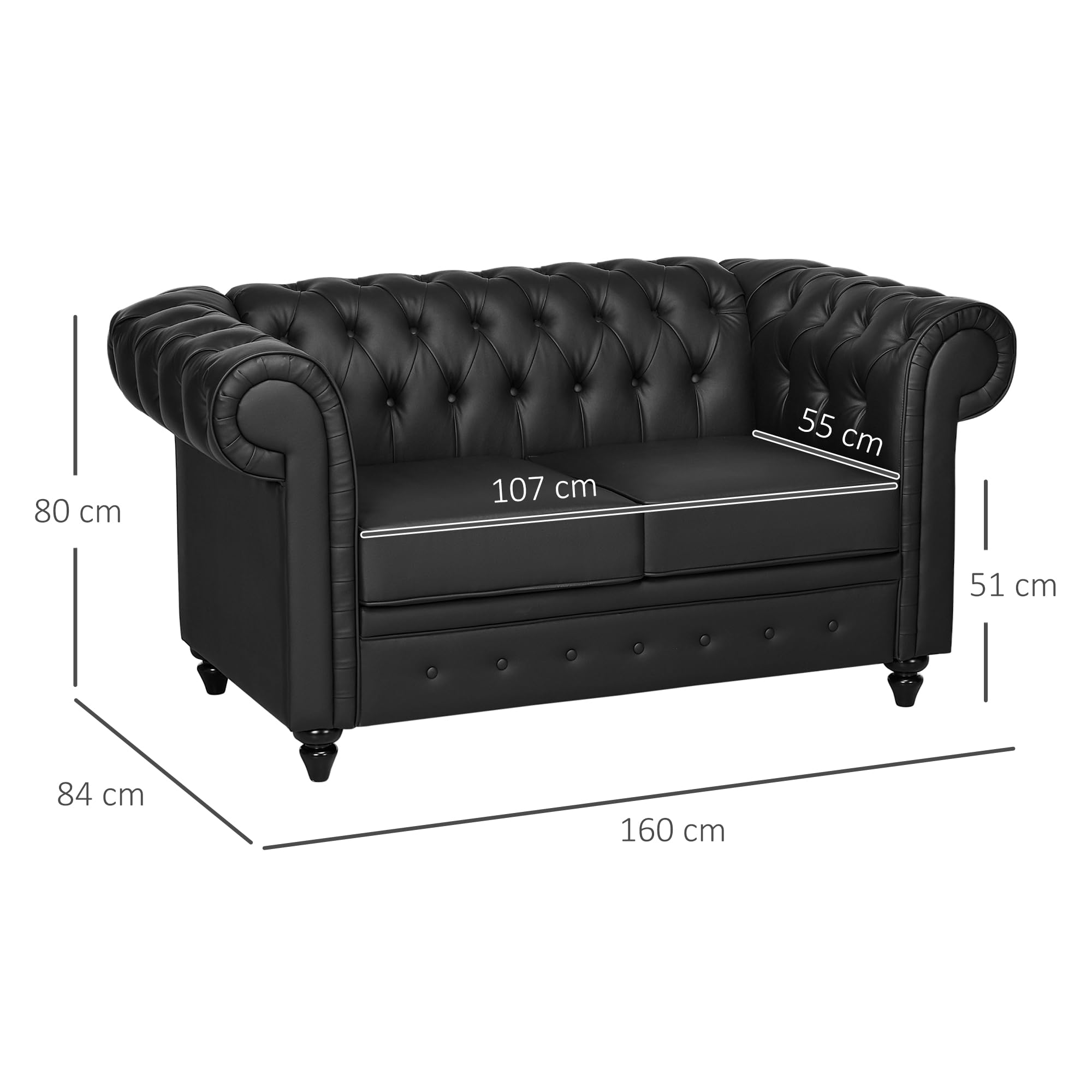 HOMCOM Divano 2 Posti Stile Chesterfield in Finta Pelle, Divanetto da Salotto Trapuntato con Braccioli e Imbottitura Spessa, Sofà con Gambe in Legno di Gomma per Soggiorno e Ufficio, Nero