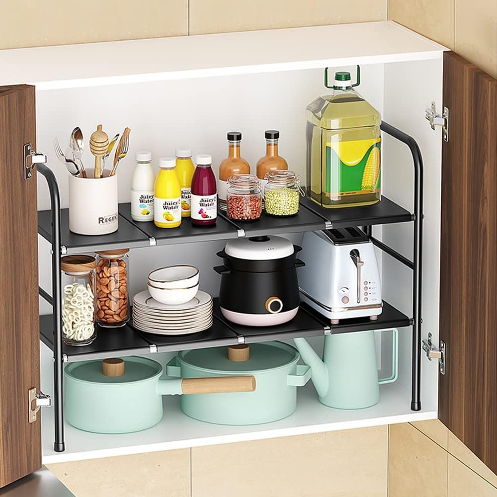 krlz undersink storage organiser kitchen,under sink storage,pull out cleaning cupboard organiser, 2 tier sliding shelf width adjustable under sink rack for bathroom cabinet countertop laundry
