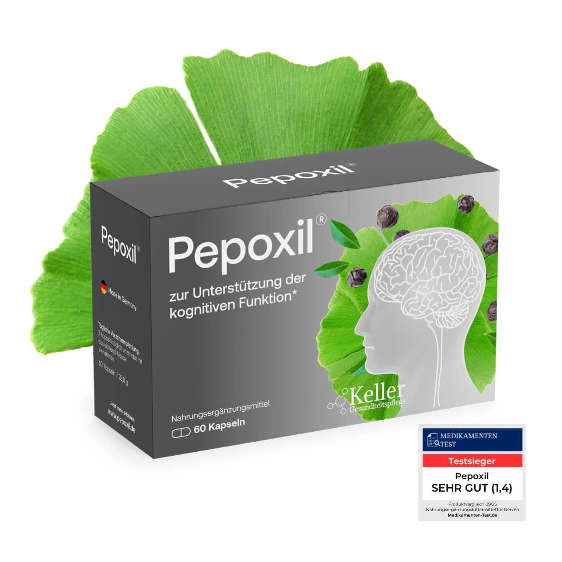 PEPOXIL zur Unterstützung kognitiver funktionen I 60 Stück Hochdosiert mit Nattokinase I fermentierte Sojabohnen, Ginkgo Biloba, Ginseng & Timut Pfeffer-Extrakt - Pflanzliche Rezeptur, PZN 19945625