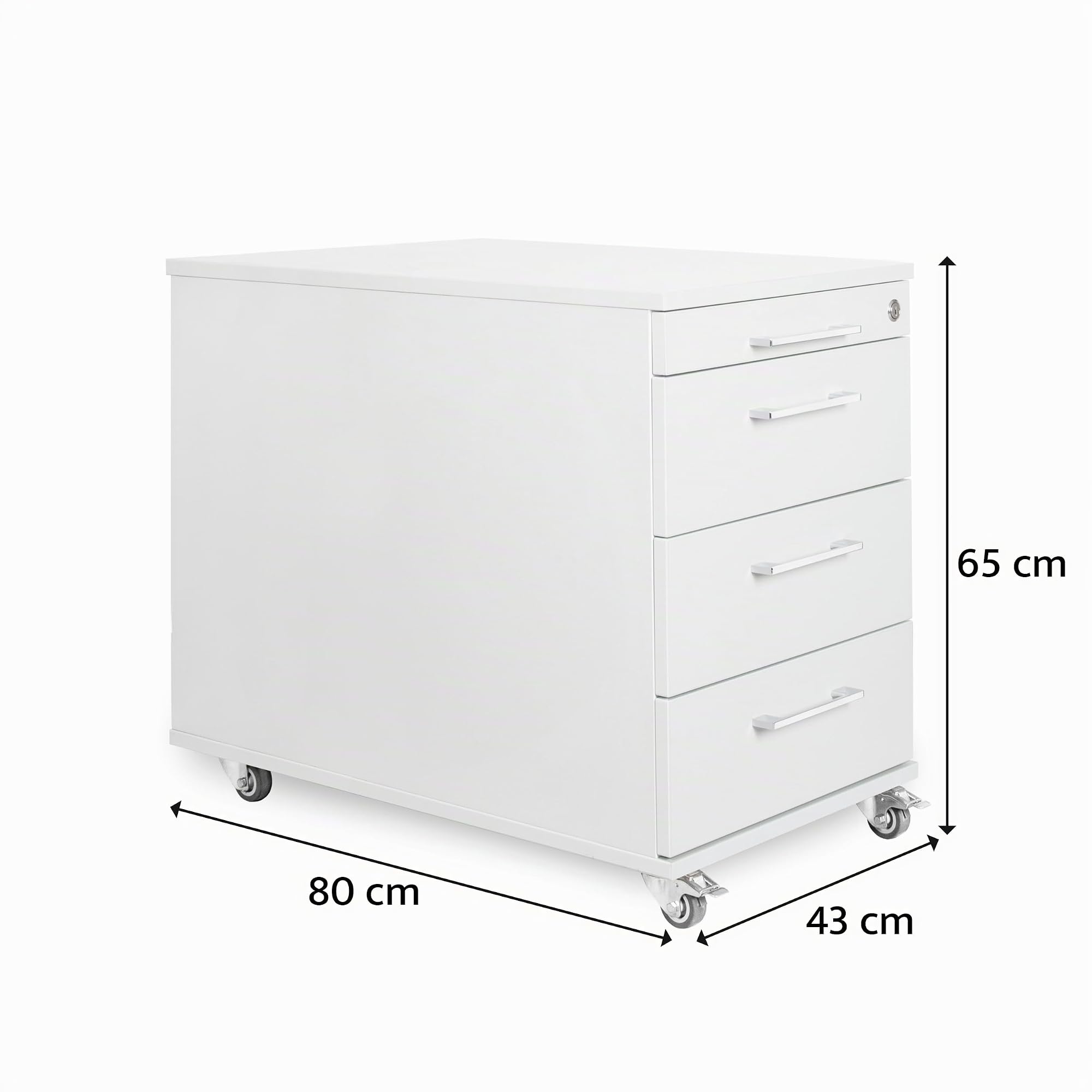 Büro Rollcontainer 80cm 3 Schubladen, 1 Materialauszug, abschließbar 65x43x80cm Weiß
