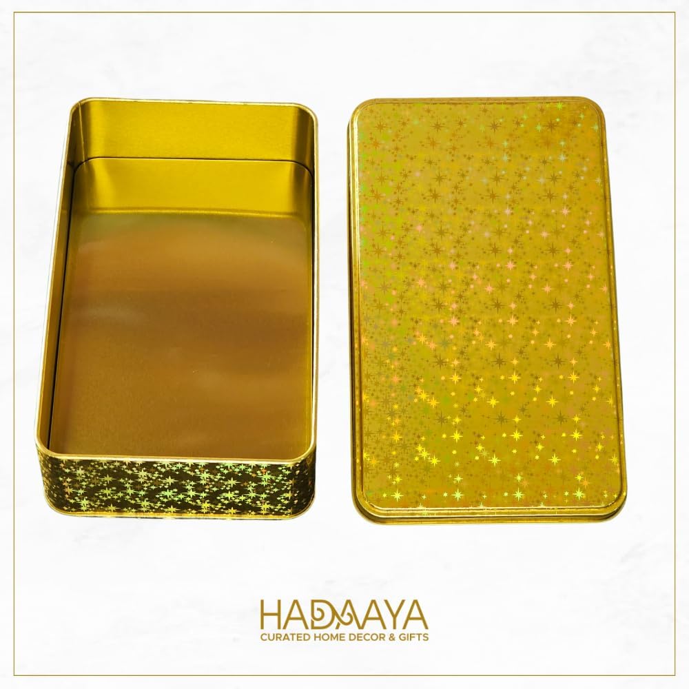 Gold Glitter Single Piece Empty Rectangular Tin Container with Lid, Multipurpose Festive Box For Cookies, Candies, Stationery & More - 7.5 x 4.25 x 2 Inches image 2