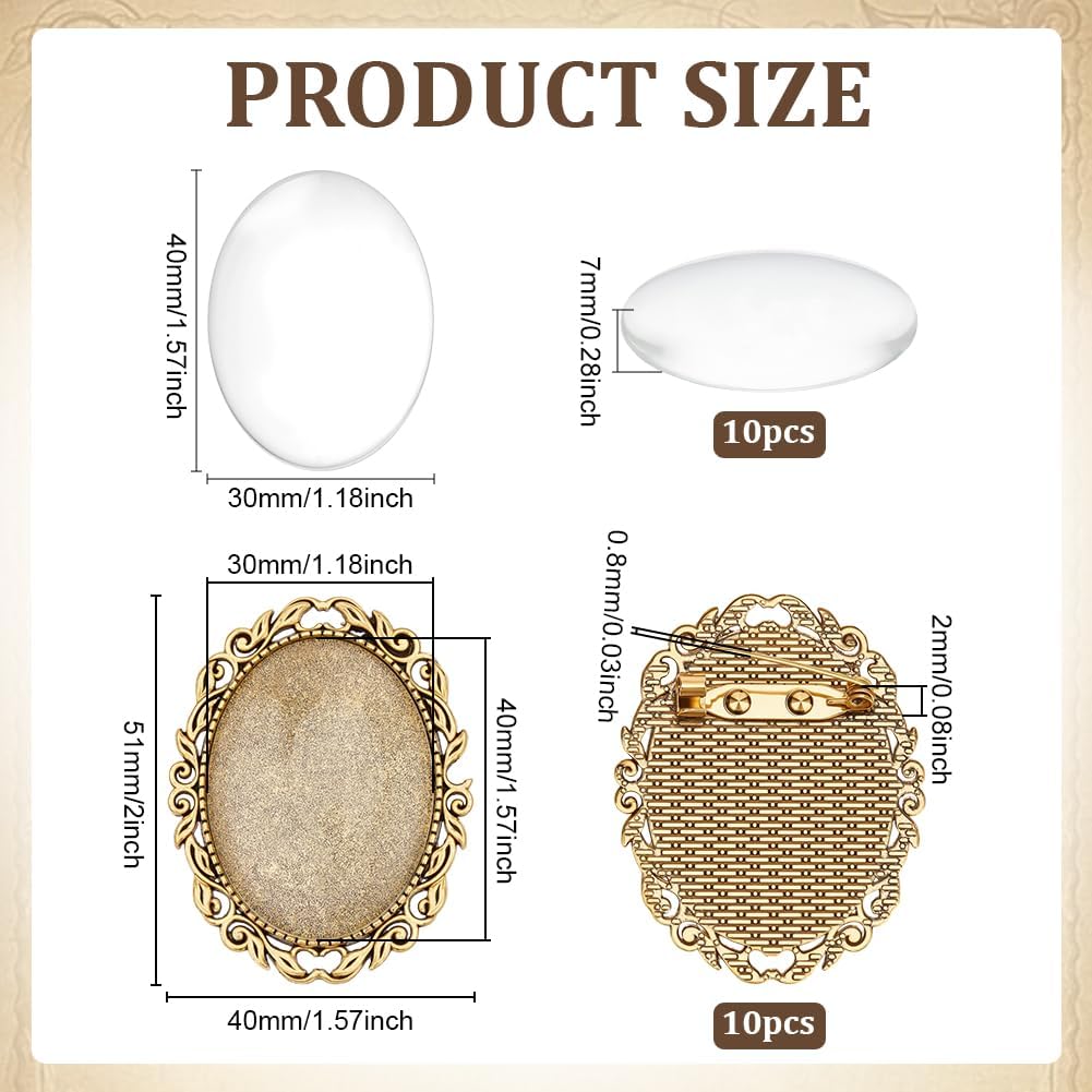 PH PandaHall 10 Sets Oval Brooch Cabochon Setting Vintage Oval Cabochons Bezel Photo Brooch Blank Bezel with Clear Glass Cabochon for Jewelry Making Christmas DIY Lapel Pins Gifts, 30x40mm - Image 2