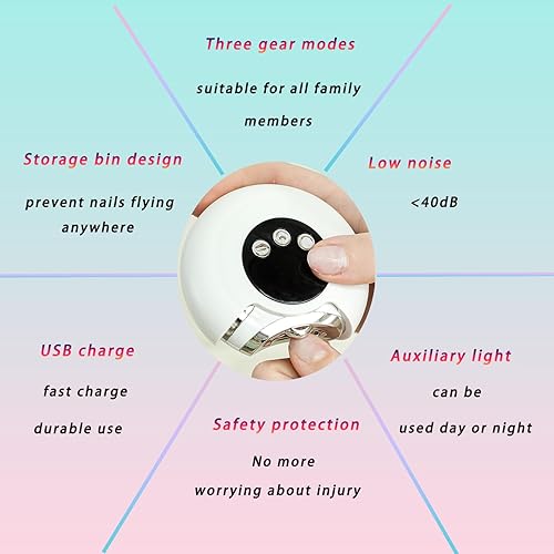 Miniatura 9 de Cortaúñas eléctrico 3 en 1 con luz y 3 velocidades, diseño de almacenamiento de desechos, recortadora de seguridad recargable para bebés, niños,