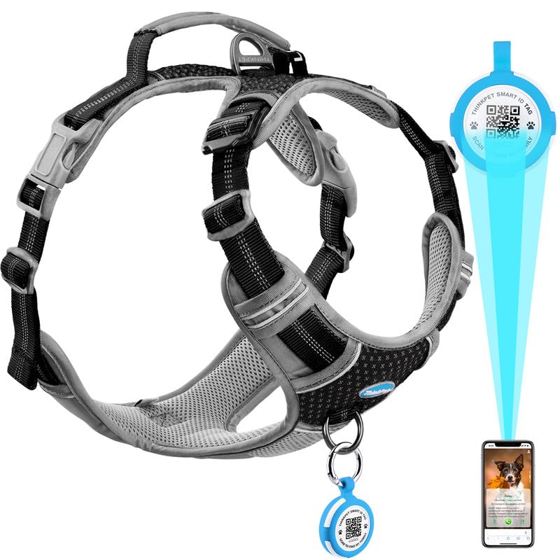 ThinkPet No Pull Harness for Small, Medium, Large Dogs with Airtags Holder Reflective Dog Harnesses with Dog QR Code Smart ID Tag Airtags Holder