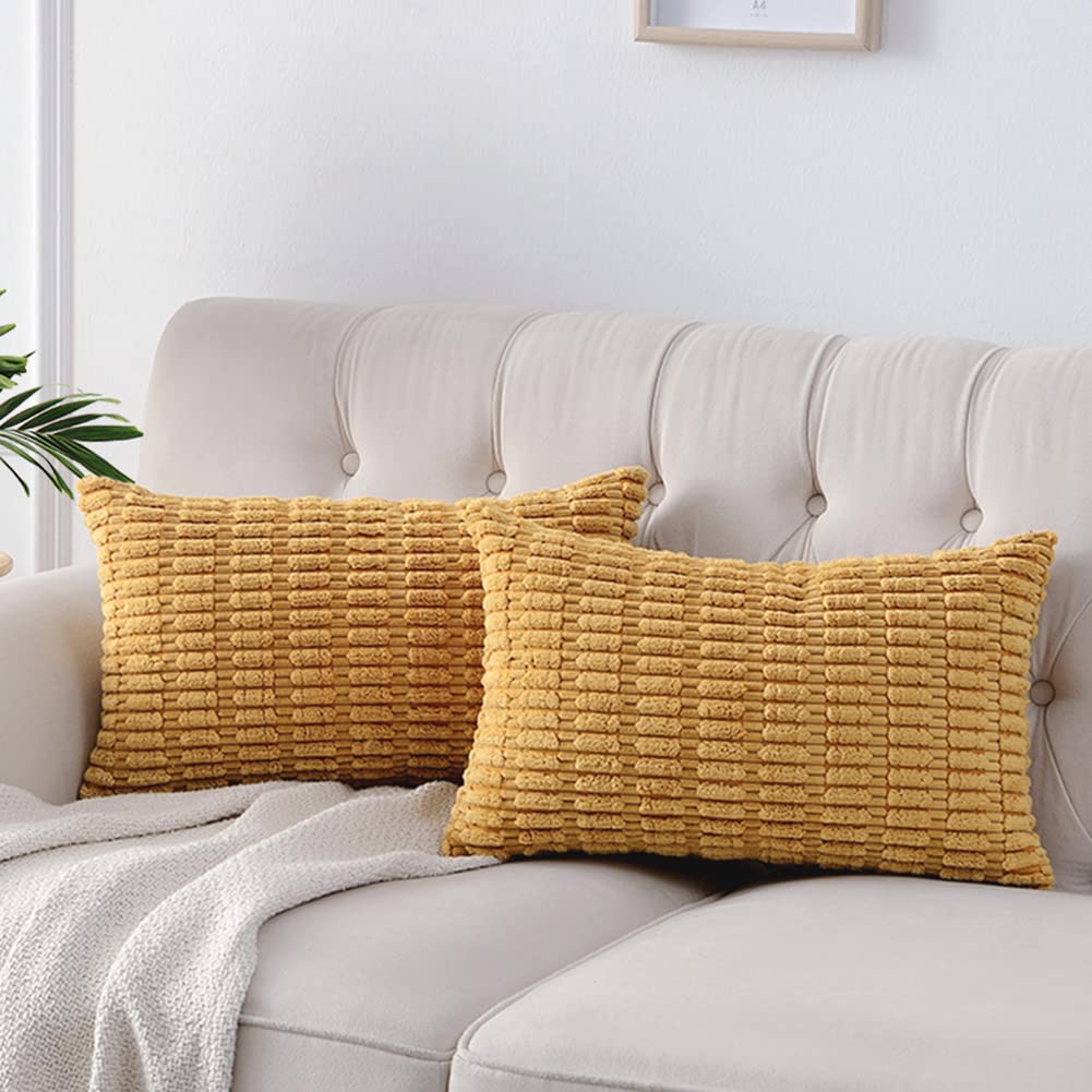 Fancy Homi Pack of 2 Mustard Yellow Lumbar Decorative Throw Pillow Covers 12x20 Inch for Living Room Couch Bedroom, Soft Corduroy Rectangle Cushion Case 30x50 cm, Rustic Farmhouse Home Decor