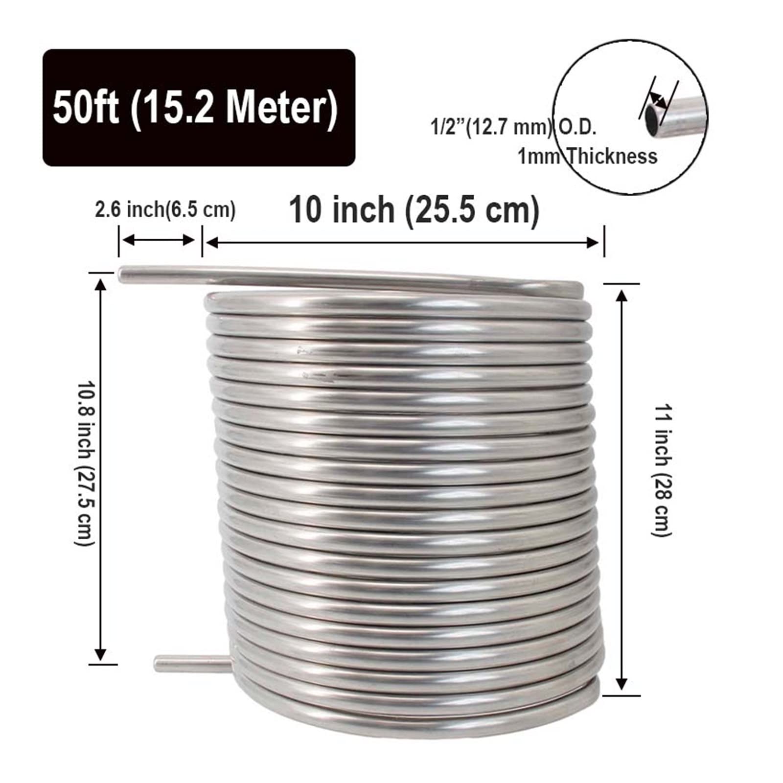 Échangeur de Chaleur 1,5 "Tri-clamp 50 pieds (15 m) en acier inoxydable Échange de chaleur purée puil recirculation 10" / 12 "de diamètre 1/2 "Od Tumeurs mille à cuire la maison(12 inch Diameter)