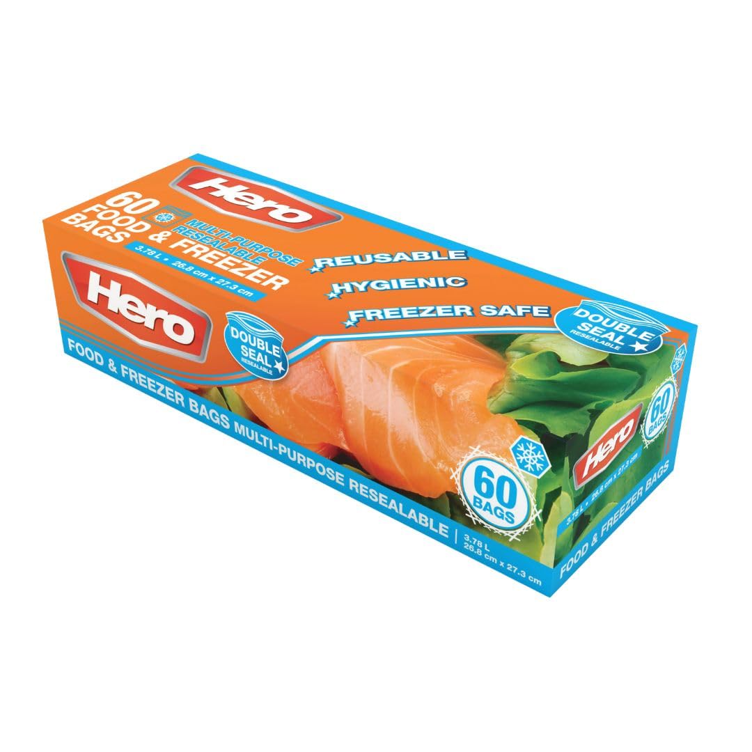 Hero Clear 60 X Sealable Freezer Bags – 3.8L Large Seal Food Bags – Heavy-Duty Quart Plastic Freezable, Sealable & Easy To Open Food Bags - Hefty, Reusable, Sandwich Bags