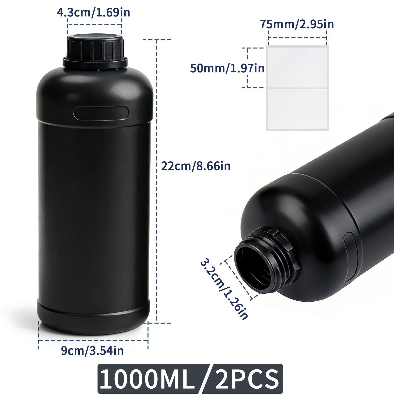 2 x 1000 ml butelki do napełniania, butelki do przechowywania chemikaliów fotograficznych, butelka do picia, pojemnik na wodę (czarny)