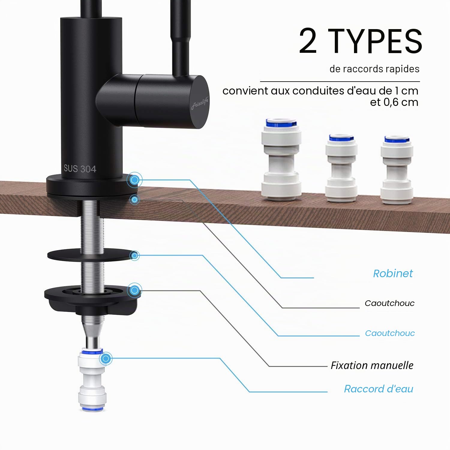 Frizzlife RO Robinet de filtre à eau - Compatible avec la plupart des systèmes d'osmose inverse et de filtration d'eau - Acier inoxydable SUS304 - Noir