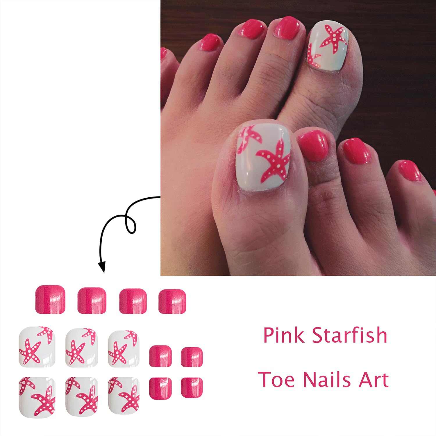 Summer Pink Toe Nail Press Ons With Starfish Design Toe Press On Nails Cute Square Toe Nails Press On Glossy Full Cover Fake Toe Nails Beach Press On Toe Nails For Women Girls Manicure 24Pcs image 2