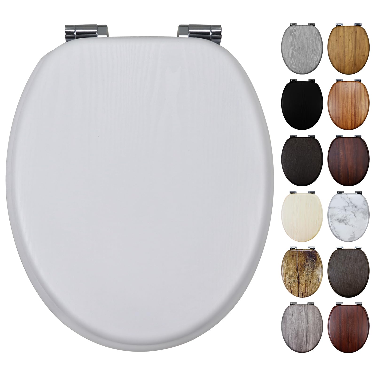 Fanmitrk White Wooden Toilet Seat with Soft Close Adjustable Solid Hinges, MDF Wood Oval Toilet Seat (White Wood)