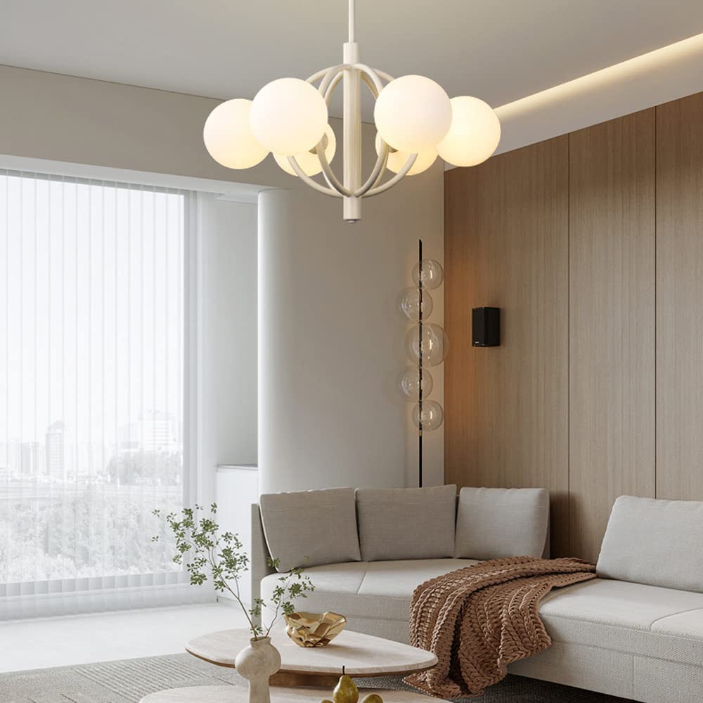 Jasnobeżowa żelazna lampa sufitowa z 6 lampami, nowoczesna i opływowa lampa wisząca do salonu lub sypialni, ze szklanym kloszem, 3 przedłużkami w zestawie (10 + 20 + 20 cm), trzonek G9