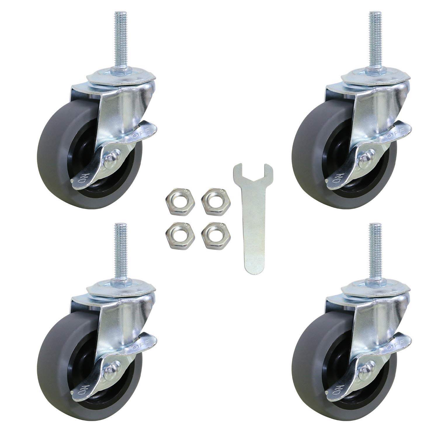 AAGUT Caster Wheels, 3 Inch Rubber Heavy Duty 3/8"-16 x1-1/2" Threaded Stem Industrial Castors, Locking Brakes Metal Swivel Wheel, Replacement for Carts Furniture Dolly Workbench Trolley,Set of 4