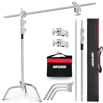 LAPGOOD Stainless Steel Heavy Duty C-Stand with Boom Arm,10.8ft/330cm Adjustable Photography Light Stand with 4.2ft/128cm Holding Arm, 2 Grip Head for Studio Monolight, Sandbag, Storage Bag