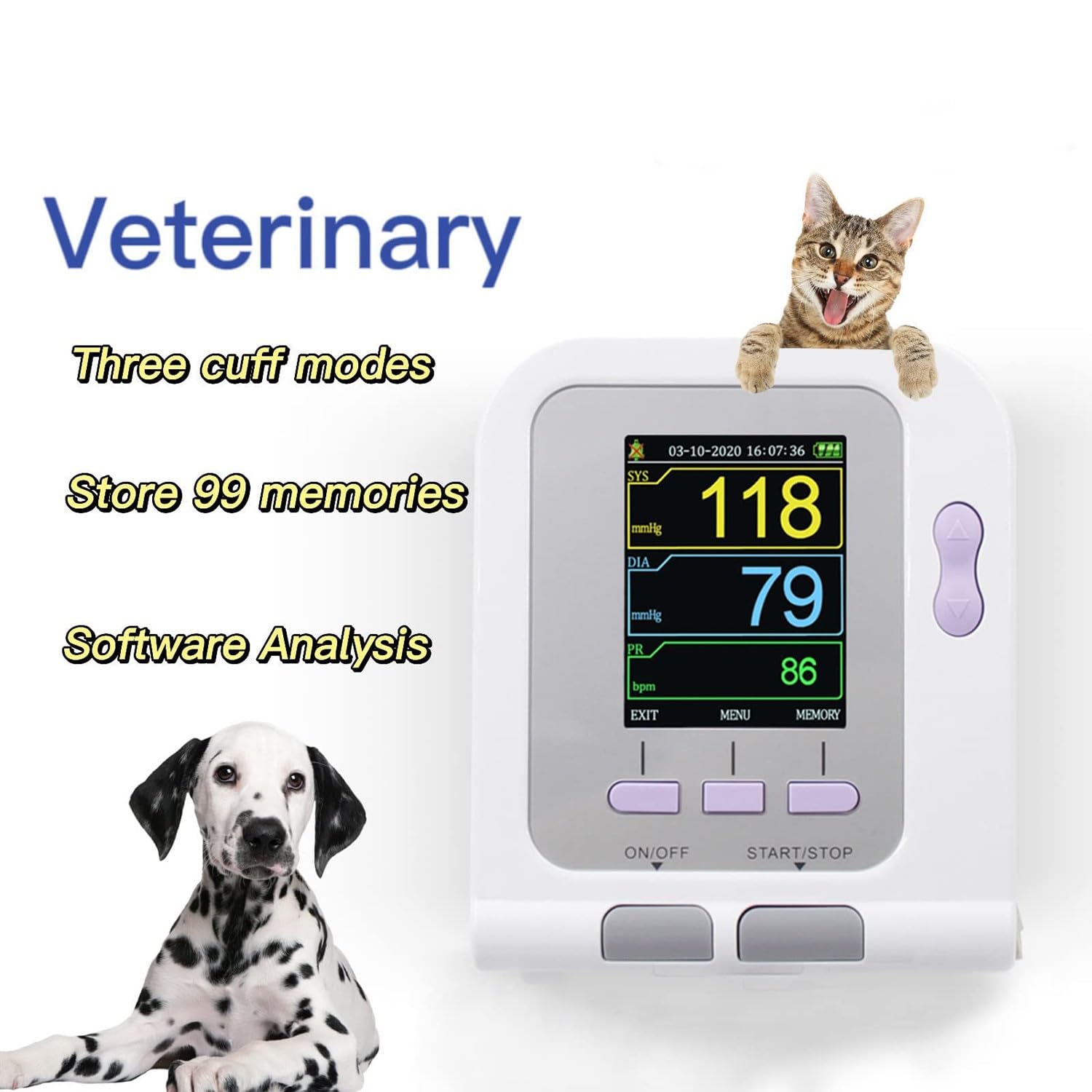 BLUEZY Monitor Presión Arterial Veterinaria, Veterinario/Animal Gato/Perro Monitor Electrónico Automático De Presión Arterial con 3 Puños Y 100 Juegos De Memoria Almacenada
