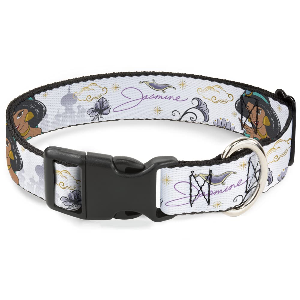 Buckle-Down Dog Collar Plastic Clip Aladdin Jasmine Palace Pose with Script and Flowers White 9.5 to 13 Inches 1.0 Inch Wide