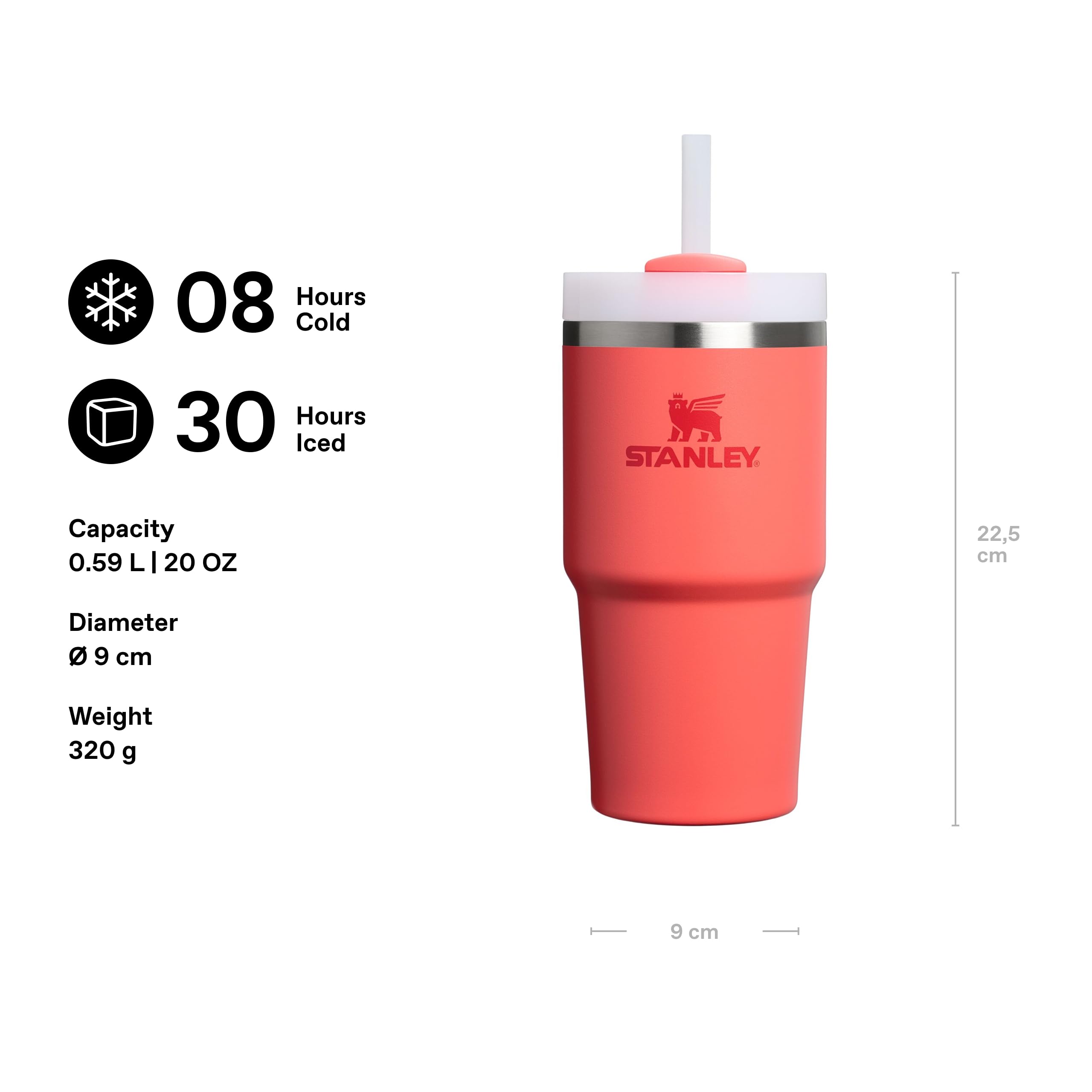 Stanley Quencher Pipetli Termos Bardak, 0.60 Litre, Mercan (Hot Coral)