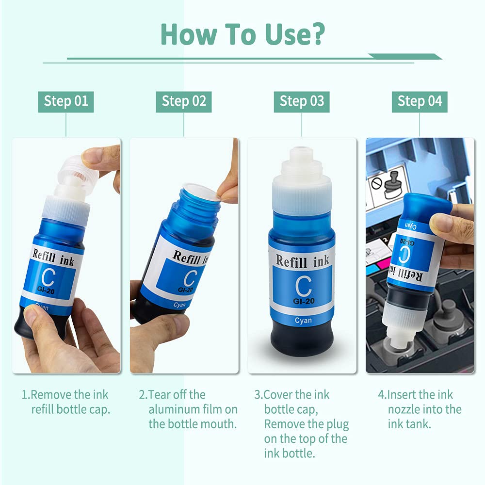 Topcolor Compatible Dye Ink Replacement for Canon GI-20 GI20 Ink Bottles Refills Kit for Canon PIXMA G6020 G5020 G7020 MegaTank Printers, 170mL Black Ink Refill, 70mL Cyan Magenta Yellow, 4 Packs