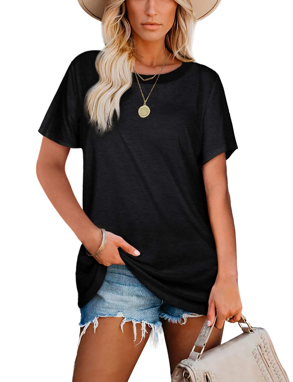 JescakooWomens Tops Summer Short Sleeve Ribbed Trim Crewneck T Shirts Fashion Basic Tee