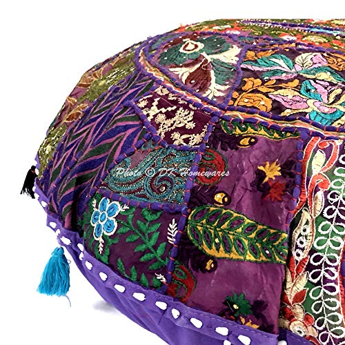 Dk Homewares Indian Traditional Floor Pillow Cover Purple 22 Inch Patchwork Lounger Pouf Ottoman Home Decor Embroidered Vintage Cotton Round Floor Cushions Seating For Adults 22X22 #TOP3