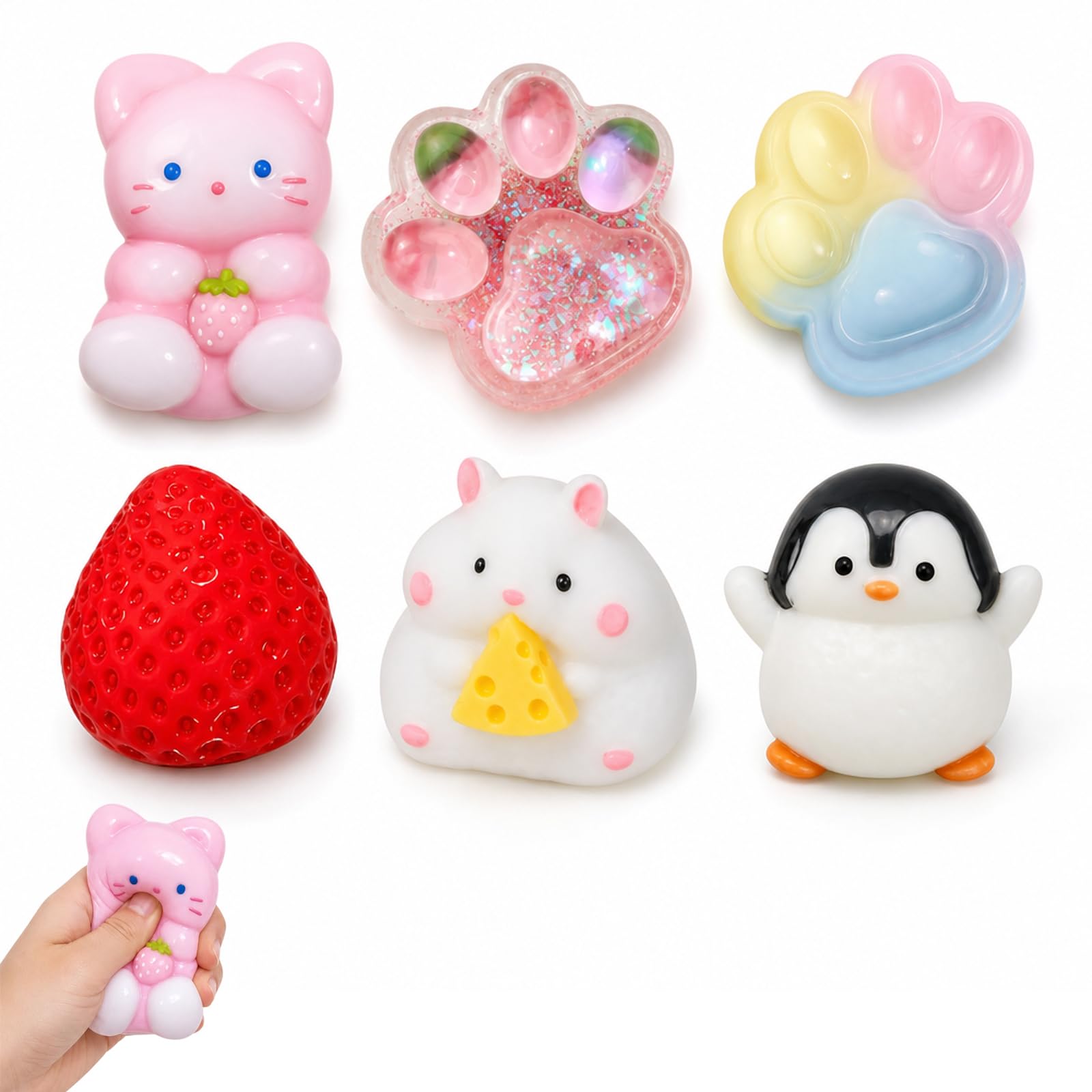 Taba Squishy, Squishy Taba 6-Piece Set, Pink Cat, Strawberry and 3-Color Cat Paw,Strawberry,Hamster and Penguin Shapes, Hand Relaxation Desk Ornaments for Office