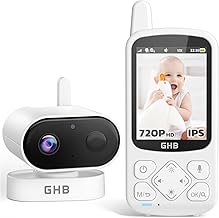 GHB Baby Monitor con Videocamera Monitoraggio Notturno Schermo IPS HD 720p da 2,8 pollici Batteria 2000 mAh Modalità VOX Audio Bidirezionale Allarme Temperatura 8 Ninne Nanne