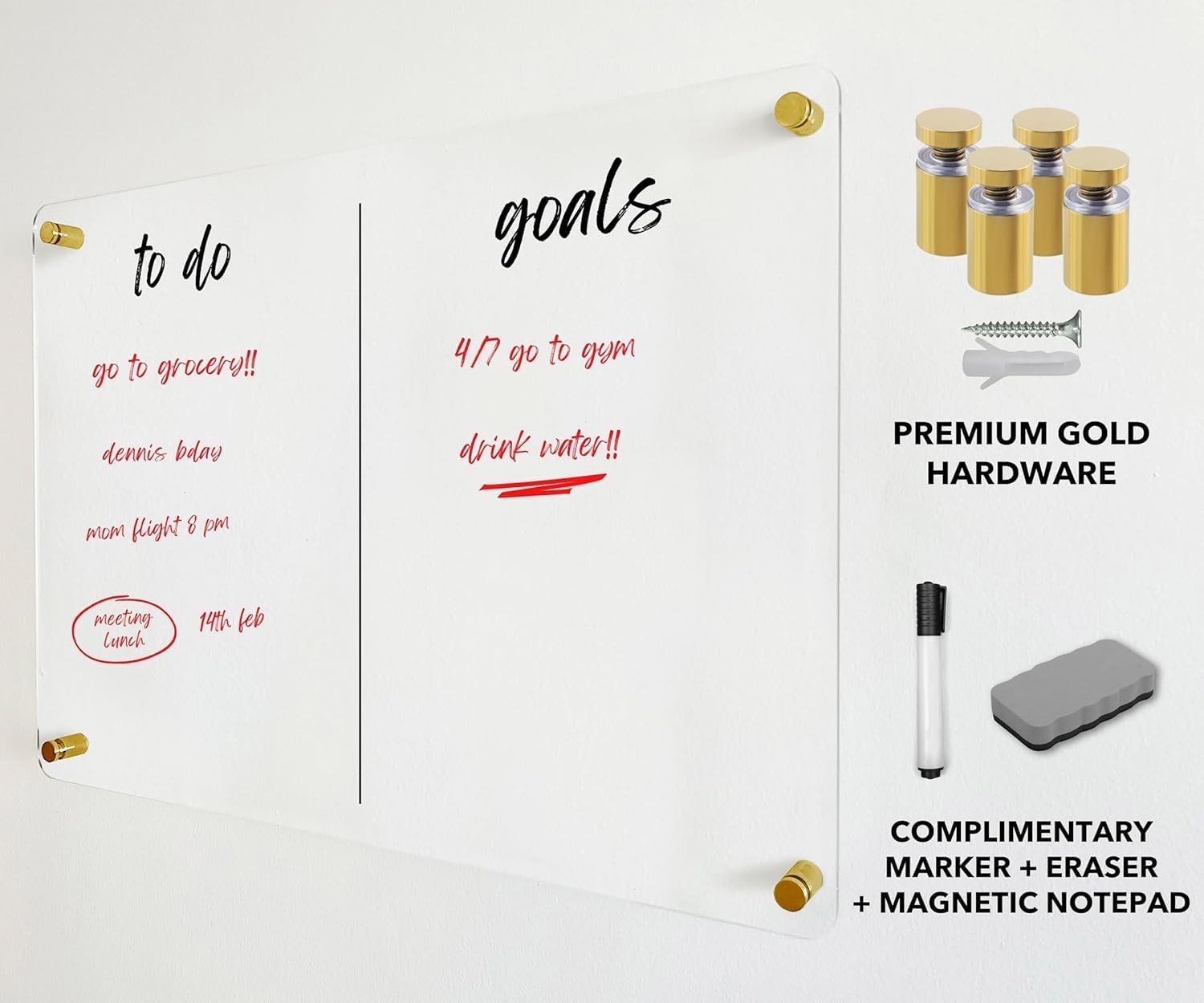 to Do Goals Premium Acrylic Wall Planner - Personalized Calendar 2026 - Horizontal Wall Calendar - Monthly and Weekly Planner (Gold Standoff, 24"x18" (Regular))