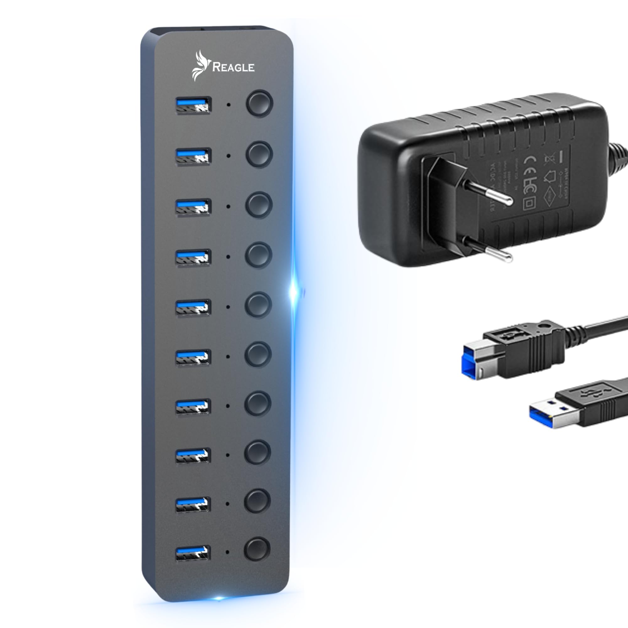 Reagle HUB 10IN1 USB 3.2 Gen 1 Hub mit 10 Ports 10 Daten, 5 Gbps Datenübertragung, 36W Netzteil, Einzelschalter pro Port, Plug & Play, LED-Anzeigen, Aluminiumgehäuse