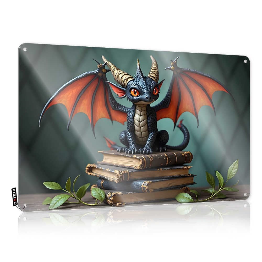Fzfn Colour Sign Cool Wall Decor | Adorable Dragon Perched On Ancient Books With Green Leaves Weathered For Retirement Home(20X30cm)