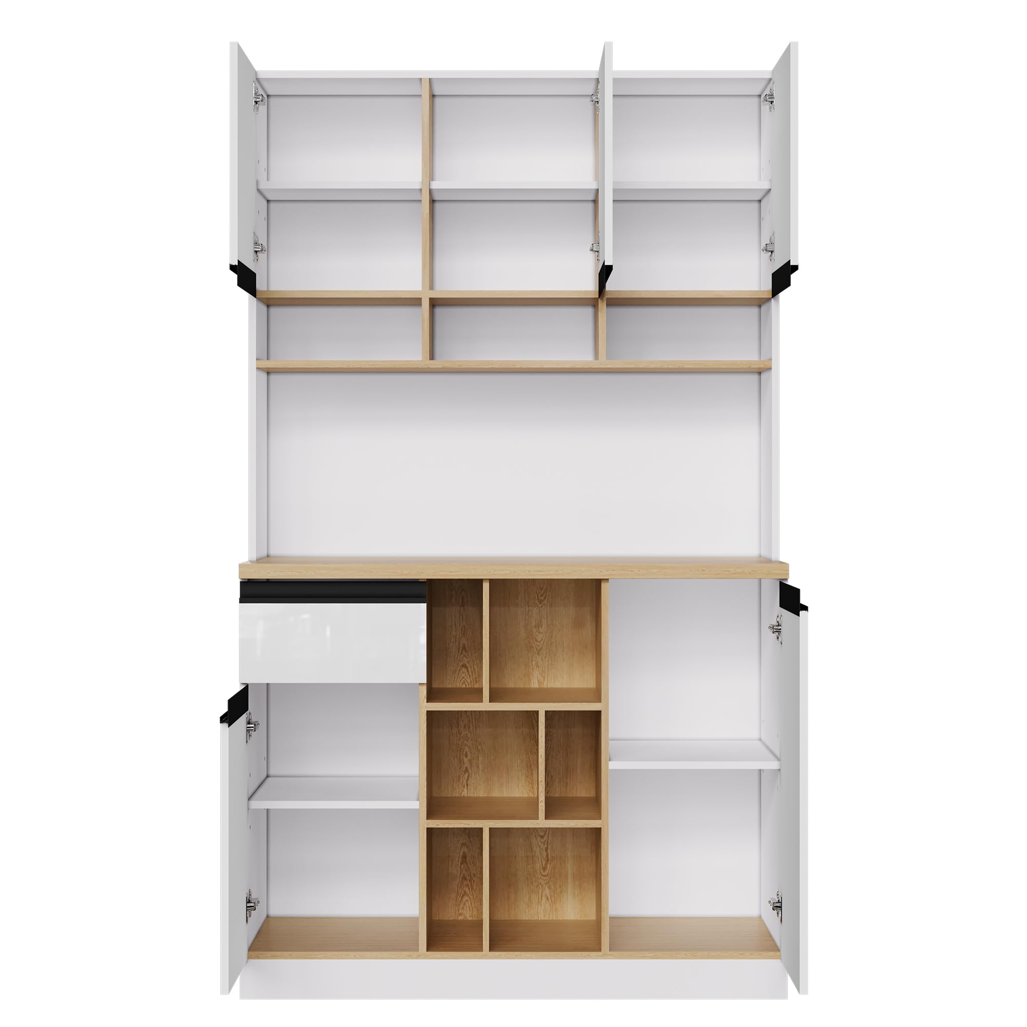 Ball & Cast Küchenschrank, Buffetschrank, Hochschrank mit verstellbaren Einlegeböden, Metallgriffen und Offenem Stauraum, 105x45x185 cm, Weiß