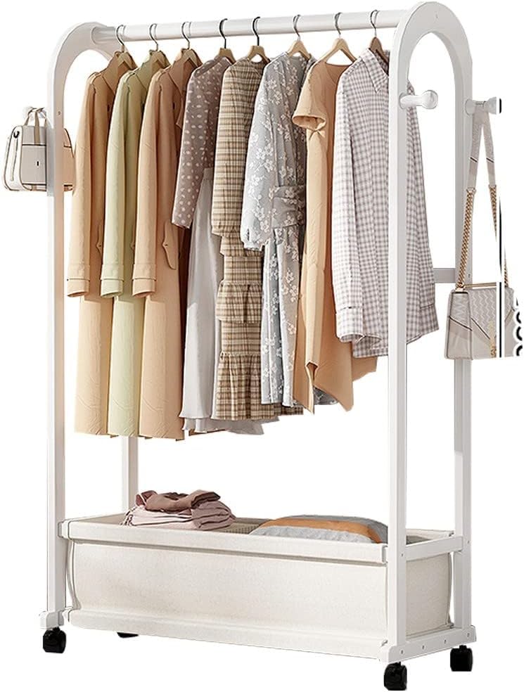Porte-vêtements en bois blanc Rota avec étagères de rangement 70x32x165cm