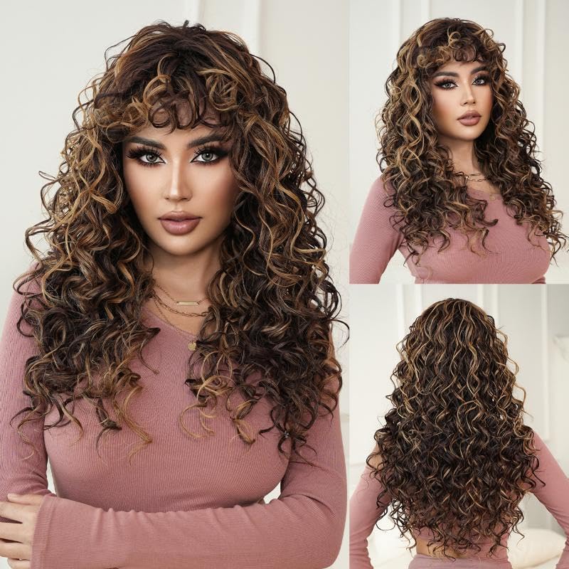 Honey Blonde Brown Human Hair Wigs Springy Curly Long Wavy Hair with Bangs Lightweight Fluffy Daily Wear for Women (Golden Brown,24inch)