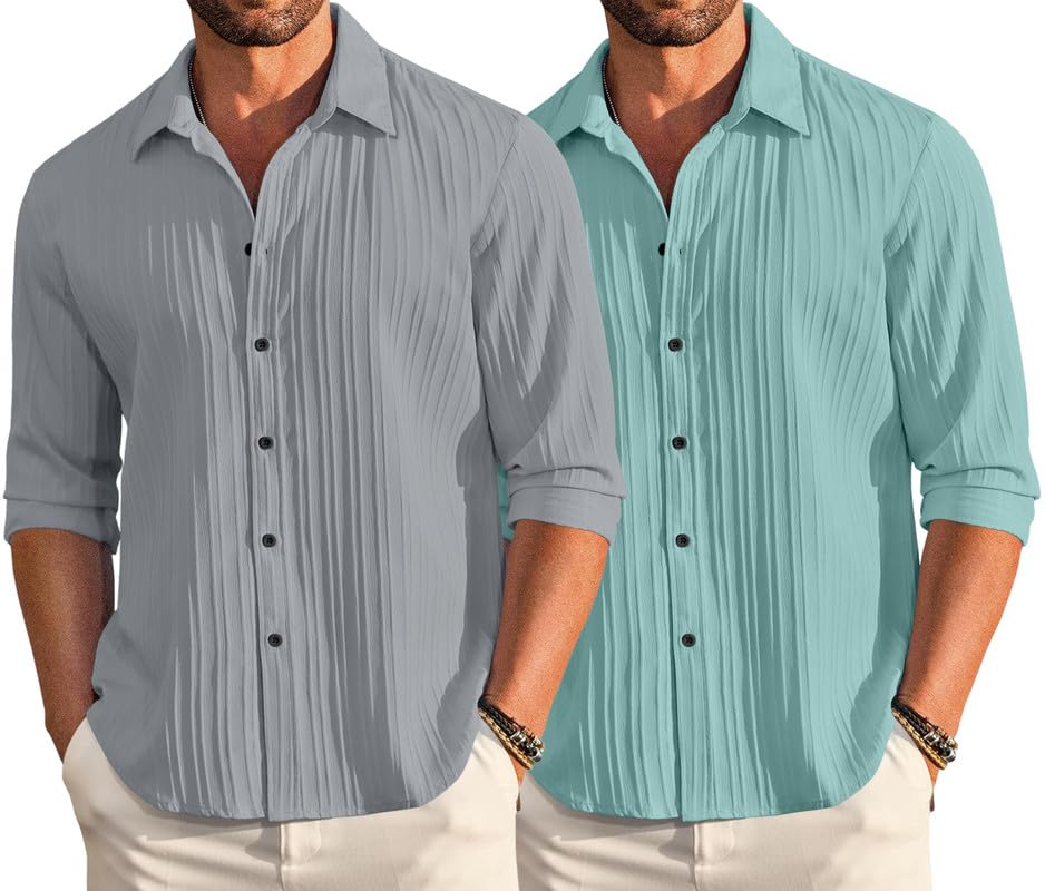 Image of FINIVO FASHION Men's Cotton Blend Shirt Set Lightweight, Full Sleeves, Plain Texture, Button Closure, Summer Ready (Pack of 2)