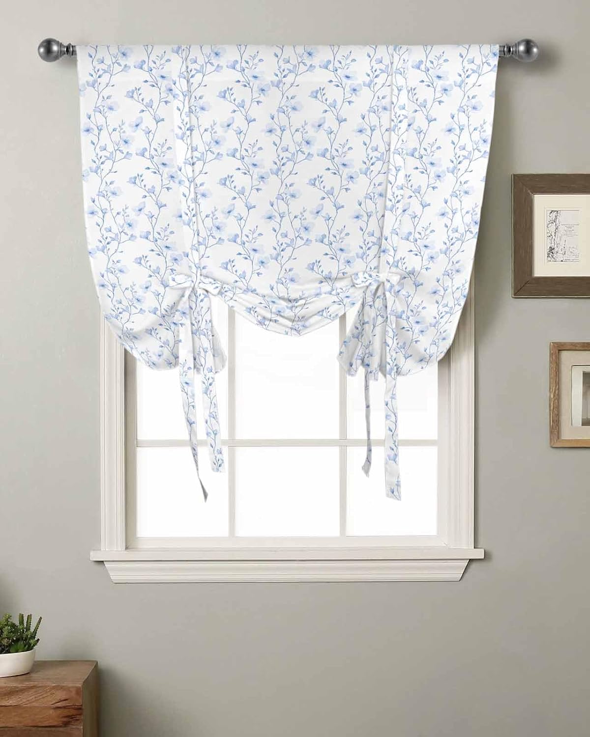 Blue Floral Tie Up Curtains for Windows 63 Inch Length Balloon Curtains Kitchen Adjustable Balloon Window Shade Farmhouse Flowers Leaves Plants Tie Up Valance Bathroom Curtain Window 52"x63"
