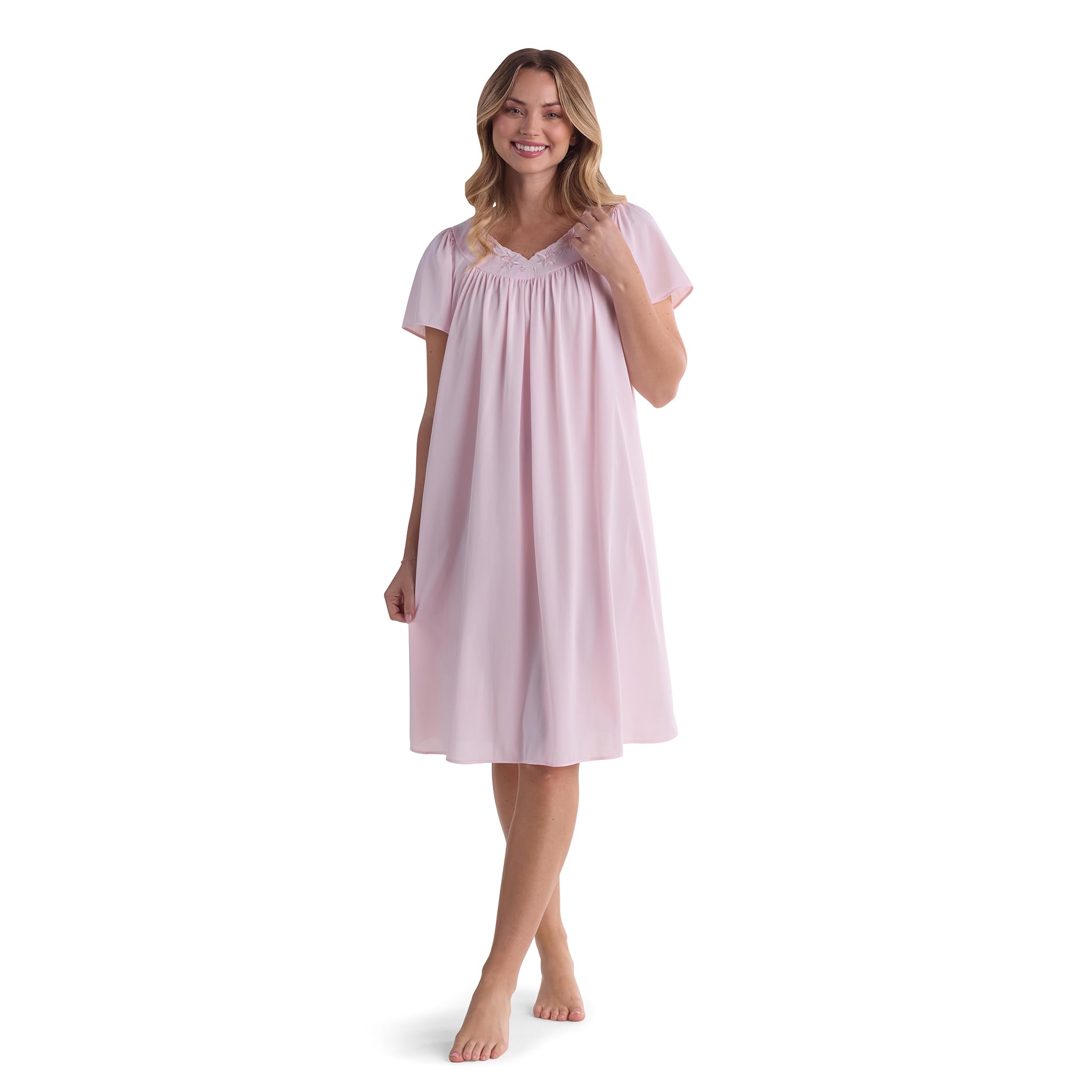 Miss Elaine Women's Short Tricot Nightgown, Flutter Sleeves and Premium Lightweight Fabric, Embroidered Neckline
