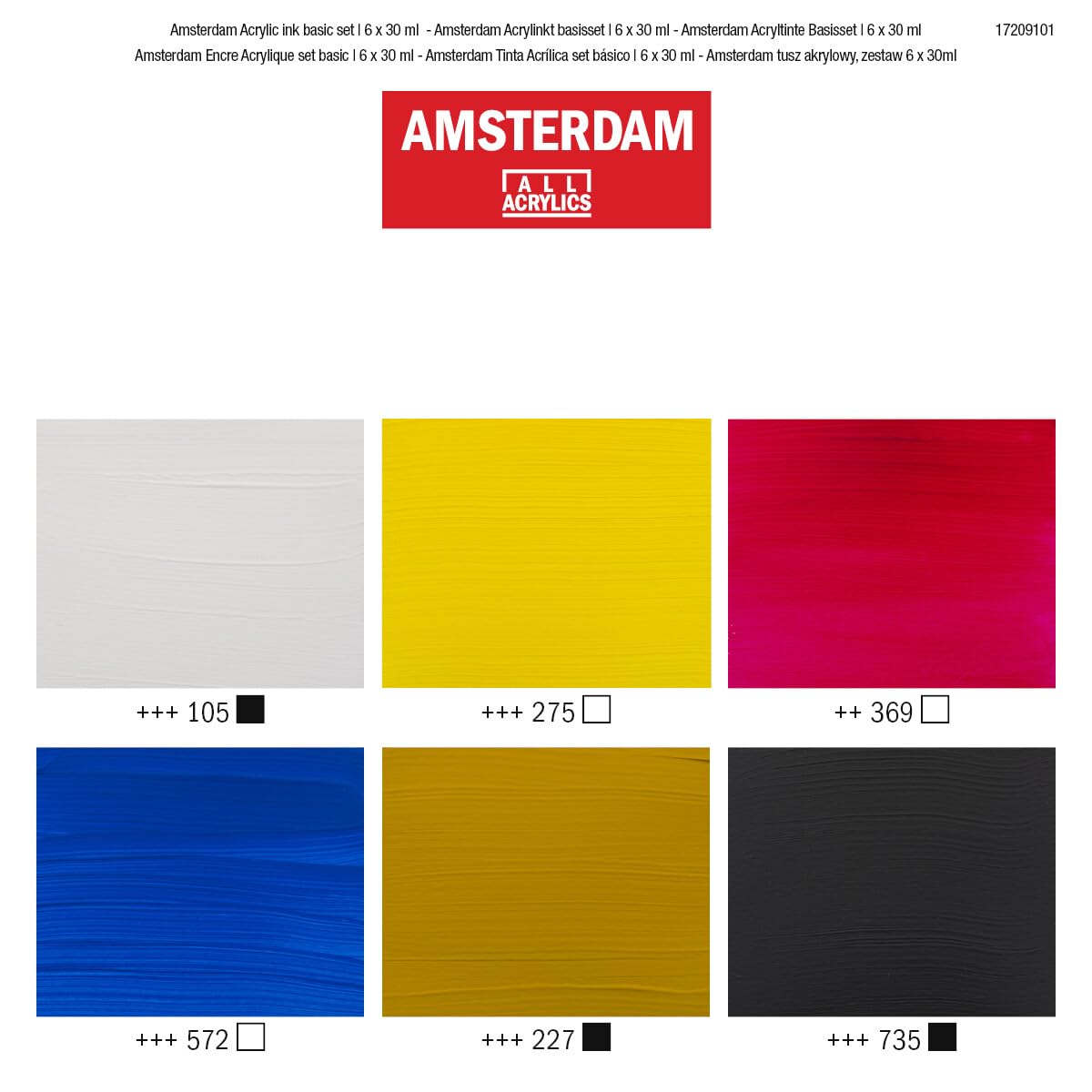 Amsterdam Set d’Encres Acryliques | Set de Base (6 x 30 ml) | Couleurs Primaires, Noir, Blanc & Ocre | Peinture Acrylique Fluide
