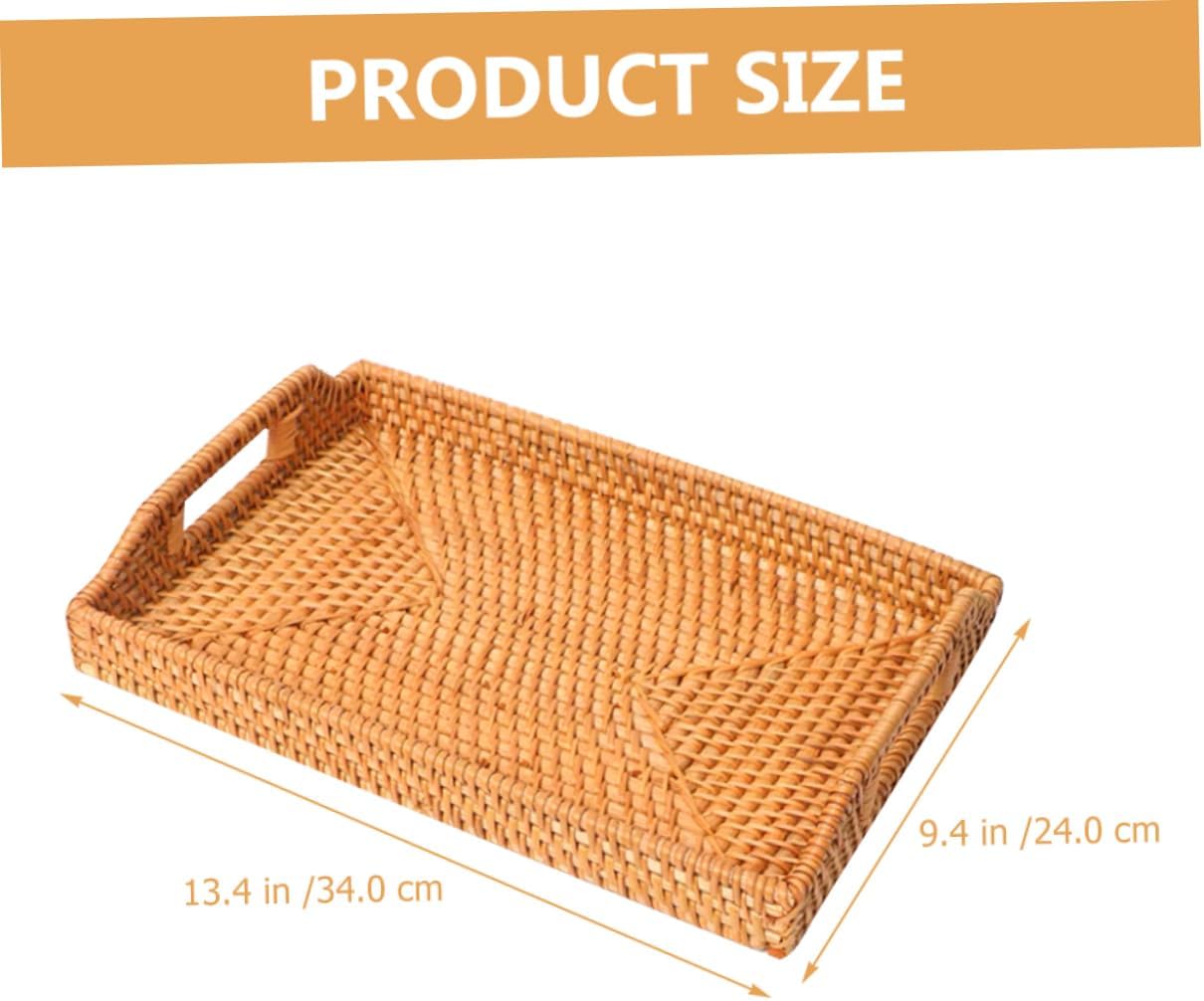 PRETYZOOM Hand Woven Fruit and Bread Basket with Handles Small Size 34x24x4cm Natural Rattan Storage Tray for Home Organization for Serving Snacks and Bread