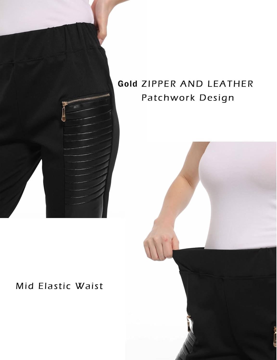 Faux Leather Leggings for Women Pleather Pant Elastic Mid Waisted Stretchy Patch Zip Tights - Image 5